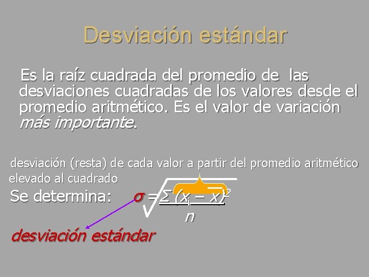 Desviación estándar Es la raíz cuadrada del promedio de las desviaciones cuadradas de los
