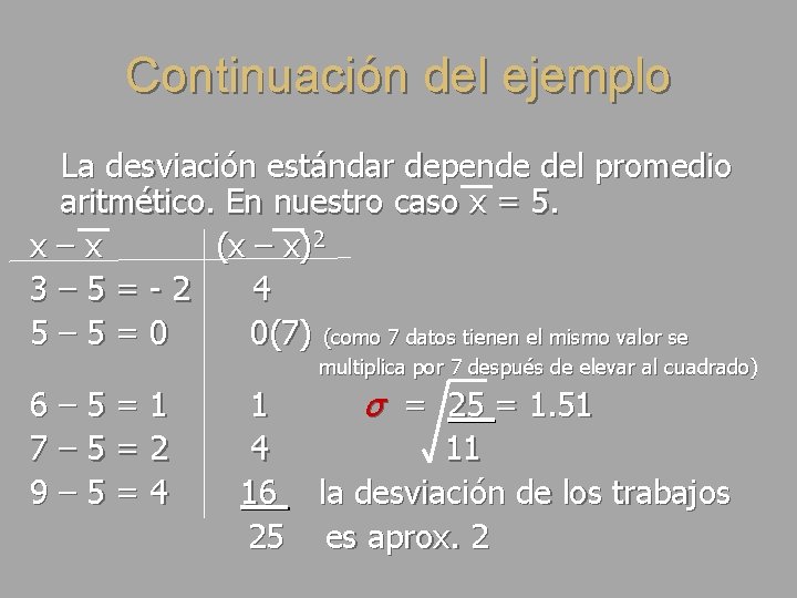 Continuación del ejemplo La desviación estándar depende del promedio aritmético. En nuestro caso x