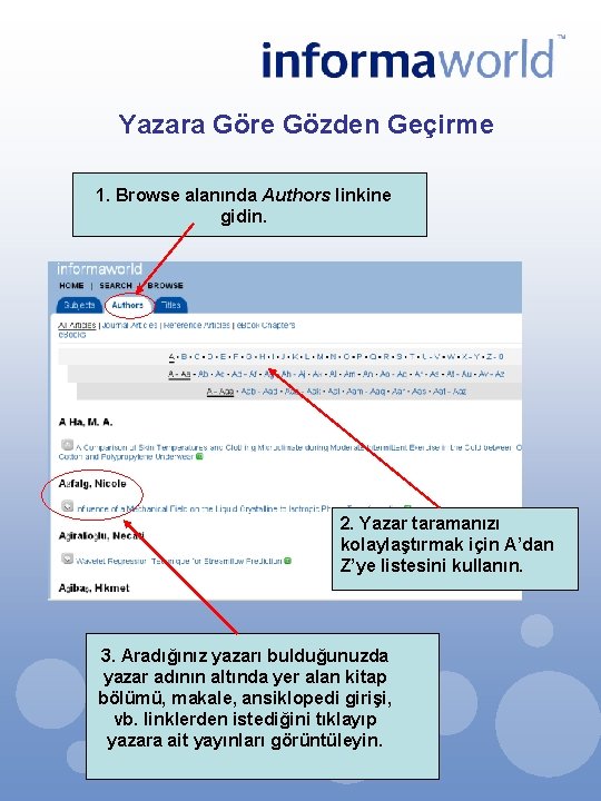 Yazara Göre Gözden Geçirme 1. Browse alanında Authors linkine gidin. 2. Yazar taramanızı kolaylaştırmak