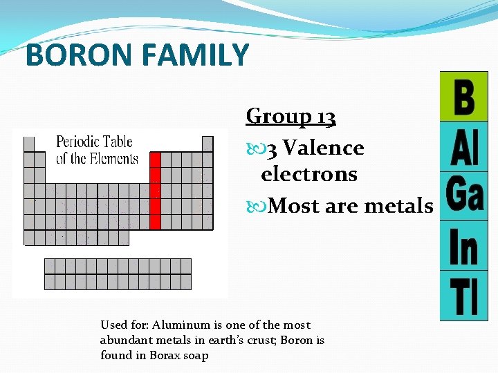 BORON FAMILY Group 13 3 Valence electrons Most are metals Used for: Aluminum is