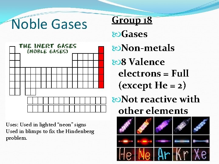 Noble Gases Uses: Used in lighted “neon” signs Used in blimps to fix the