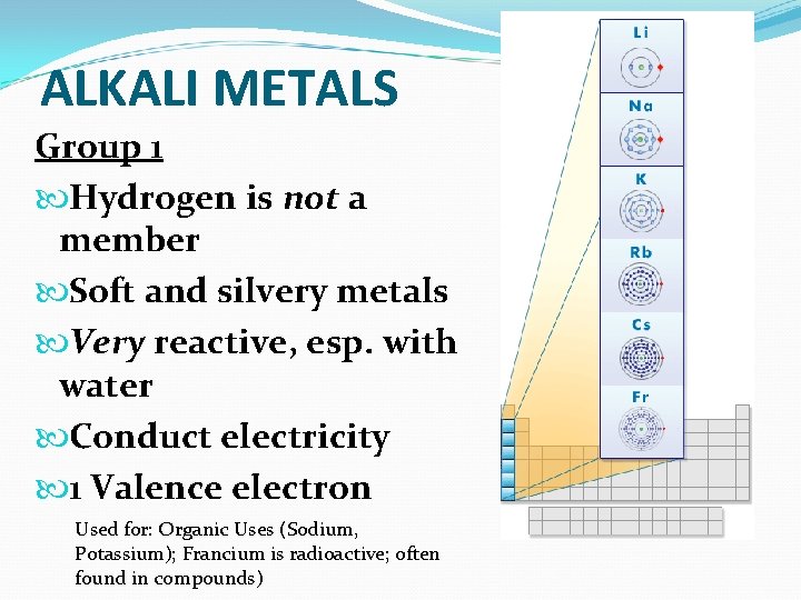 ALKALI METALS Group 1 Hydrogen is not a member Soft and silvery metals Very