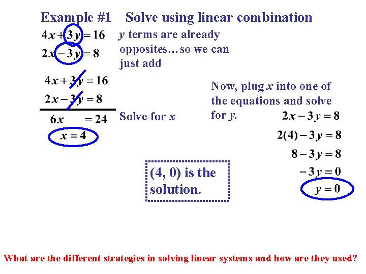 Example #1 Solve using linear combination y terms are already opposites…so we can just