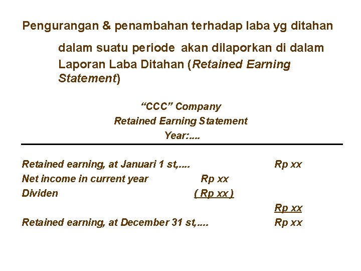 Pengurangan & penambahan terhadap laba yg ditahan dalam suatu periode akan dilaporkan di dalam