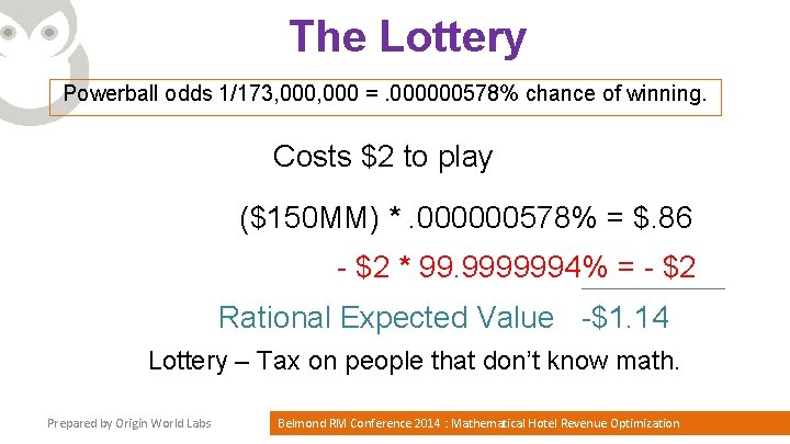 The Lottery Powerball odds 1/173, 000 =. 000000578% chance of winning. Costs $2 to