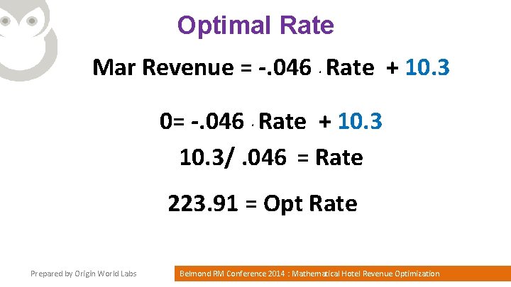 Optimal Rate Mar Revenue = -. 046. Rate + 10. 3 0= -. 046.