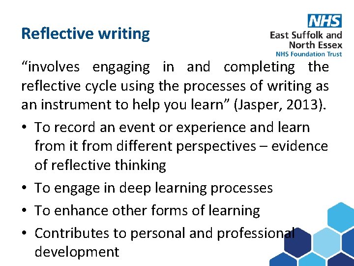 Reflective writing Subject here “involves engaging in and completing the reflective cycle using the