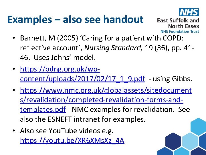 Examples – also see handout Subject here • Barnett, M (2005) ‘Caring for a