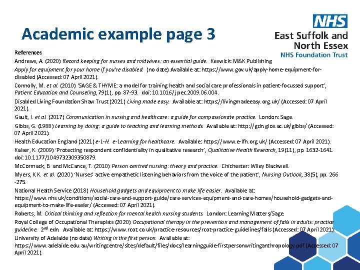Academic example page 3 Subject here References Andrews, A. (2020) Record keeping for nurses