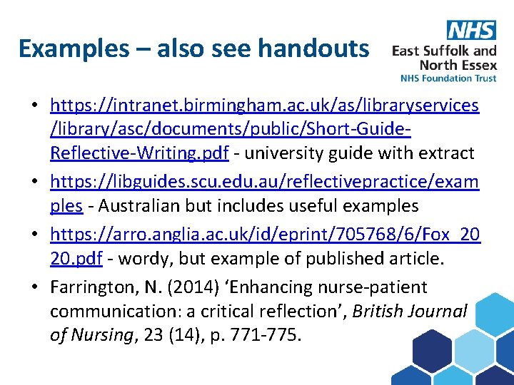 Examples – also see handouts Subject here • https: //intranet. birmingham. ac. uk/as/libraryservices /library/asc/documents/public/Short-Guide.