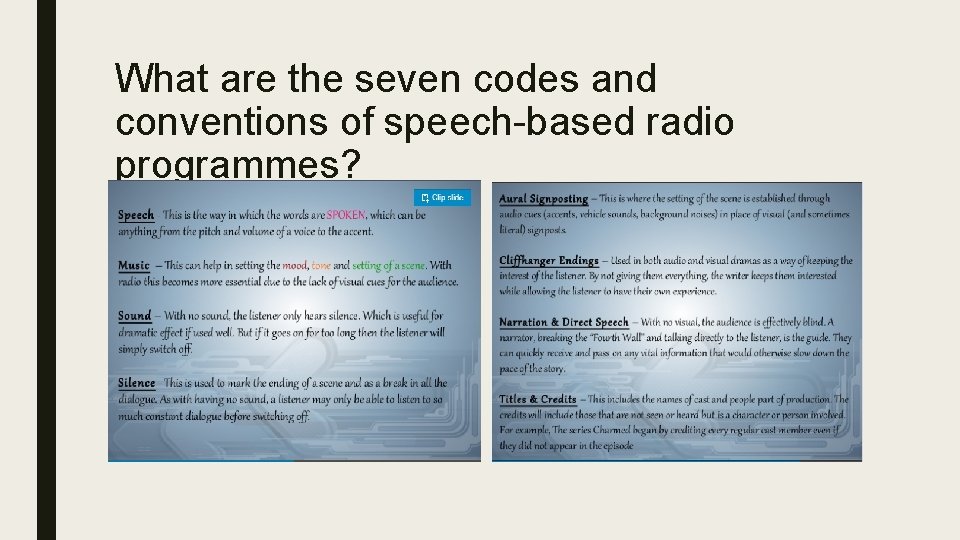 What are the seven codes and conventions of speech-based radio programmes? 