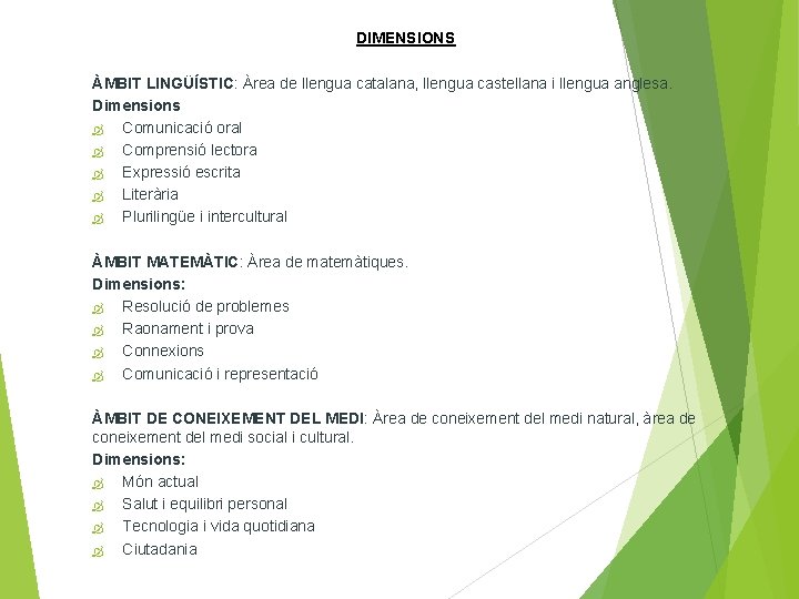 DIMENSIONS ÀMBIT LINGÜÍSTIC: Àrea de llengua catalana, llengua castellana i llengua anglesa. Dimensions Comunicació