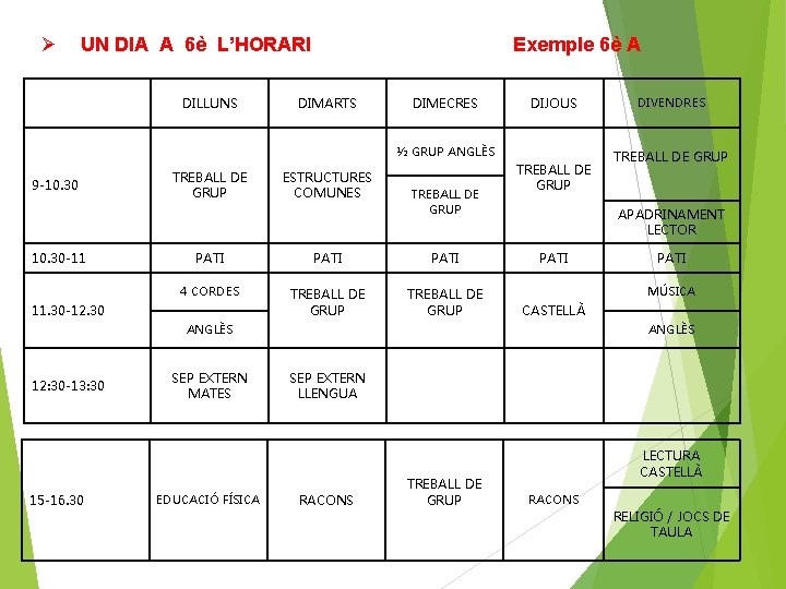 Ø UN DIA A 6è L’HORARI DILLUNS Exemple 6è A DIMARTS DIMECRES DIJOUS ½