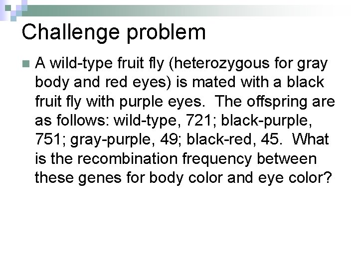 Challenge problem n A wild-type fruit fly (heterozygous for gray body and red eyes)