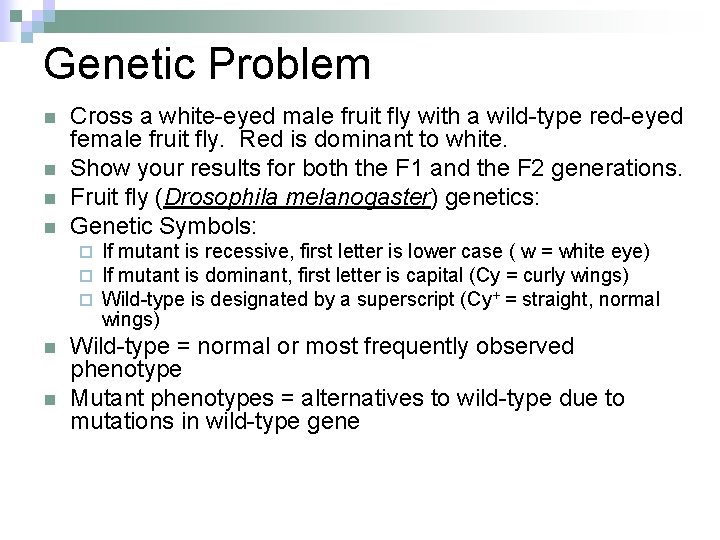 Genetic Problem n n Cross a white-eyed male fruit fly with a wild-type red-eyed