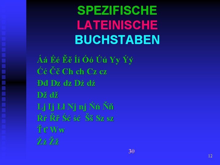 SPEZIFISCHE LATEINISCHE BUCHSTABEN Áá Éé Ěě Íí Óó Úú Yy Ýý Ćć Čč Ch