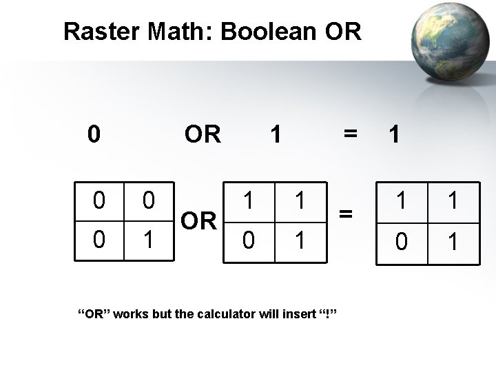 Raster Math: Boolean OR 0 0 0 1 OR 1 = 1 1 0