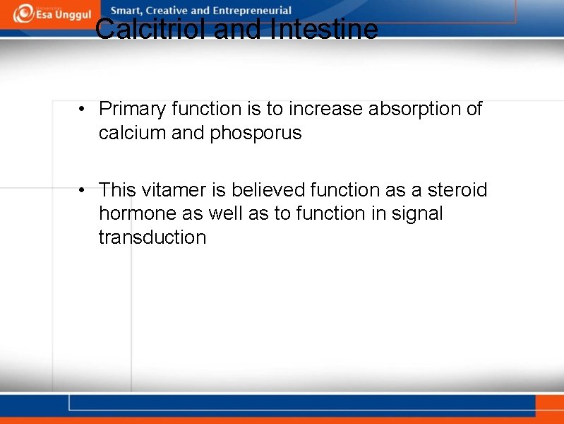 Calcitriol and Intestine • Primary function is to increase absorption of calcium and phosporus