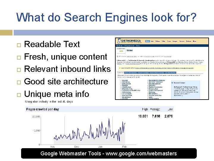 What do Search Engines look for? Readable Text Fresh, unique content Relevant inbound links
