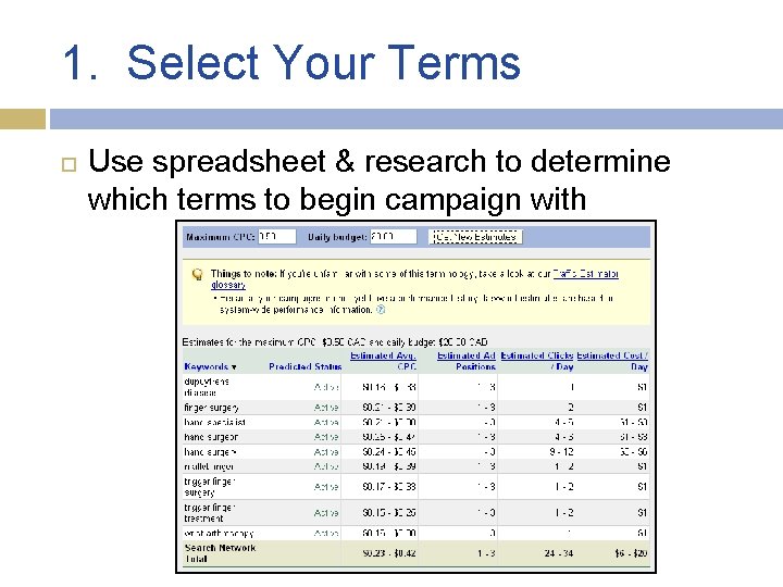 1. Select Your Terms Use spreadsheet & research to determine which terms to begin