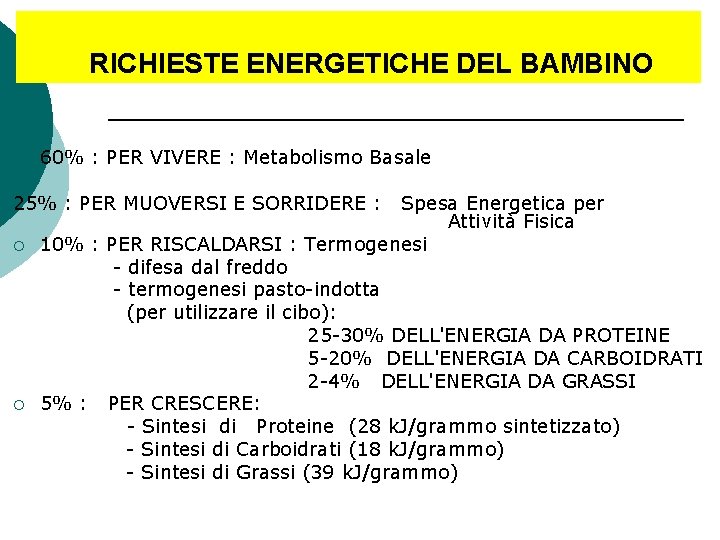 RICHIESTE ENERGETICHE DEL BAMBINO ¡ 60% : PER VIVERE : Metabolismo Basale 25% :