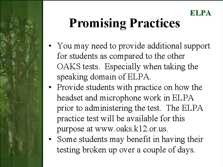 Promising Practices ELPA • You may need to provide additional support for students as