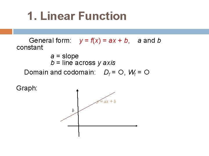 1. Linear Function General form: y = f(x) = ax + b, a and