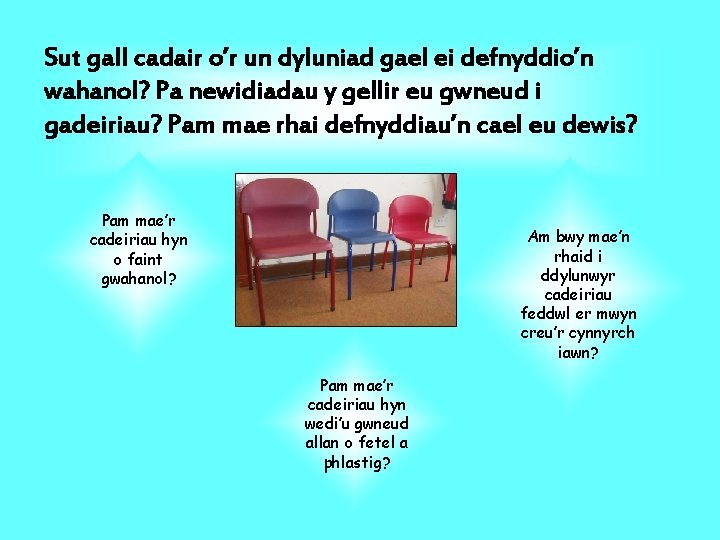 Sut gall cadair o’r un dyluniad gael ei defnyddio’n wahanol? Pa newidiadau y gellir