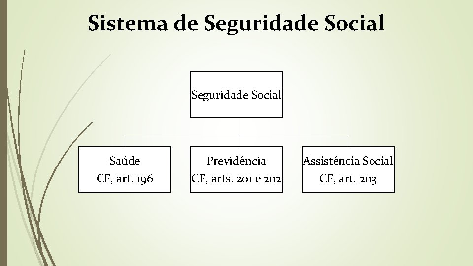 Sistema de Seguridade Social Saúde CF, art. 196 Previdência CF, arts. 201 e 202