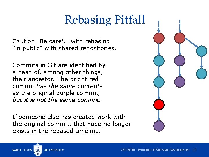 Rebasing Pitfall Caution: Be careful with rebasing “in public” with shared repositories. Commits in