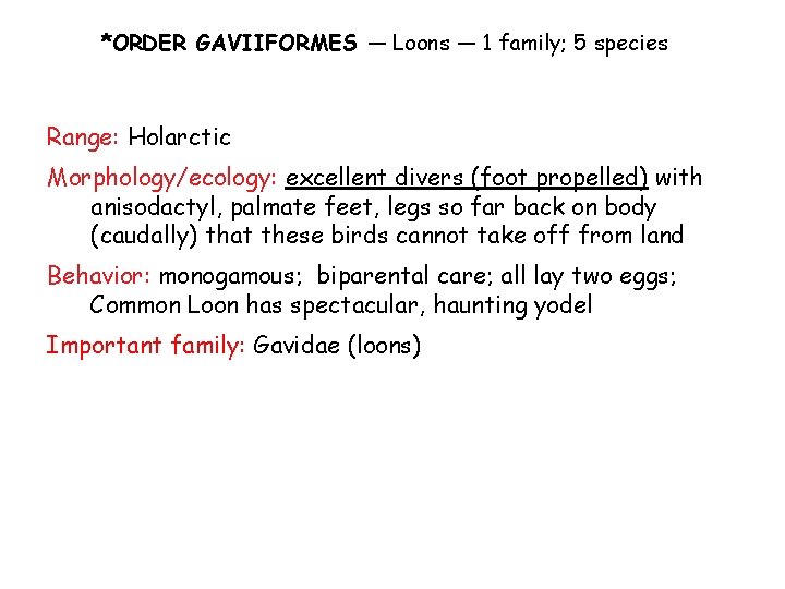 *ORDER GAVIIFORMES — Loons — 1 family; 5 species Range: Holarctic Morphology/ecology: excellent divers