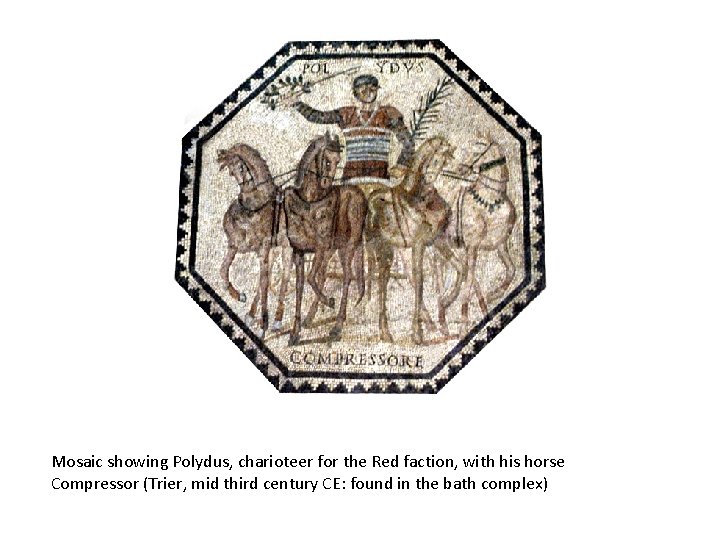 Mosaic showing Polydus, charioteer for the Red faction, with his horse Compressor (Trier, mid