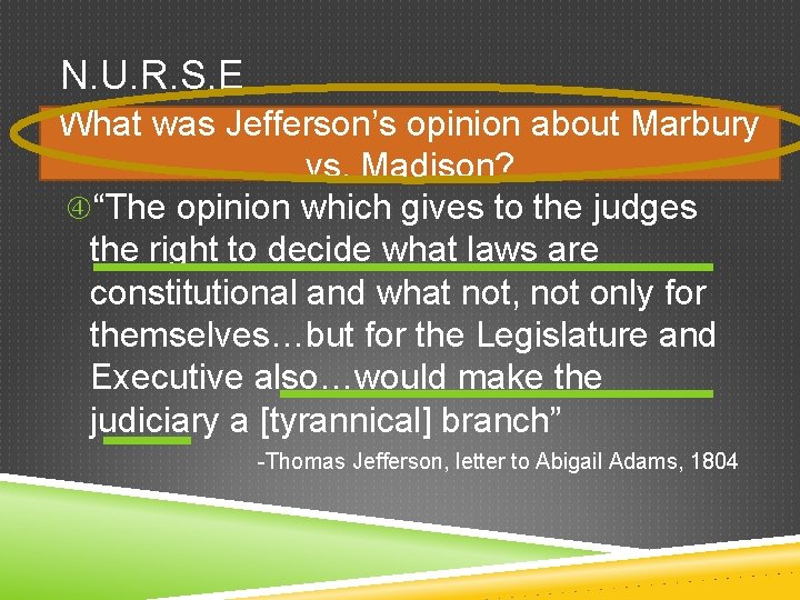 N. U. R. S. E What was Jefferson’s opinion about Marbury vs. Madison? “The N. U. R. S. E What was Jefferson’s opinion about Marbury vs. Madison? “The