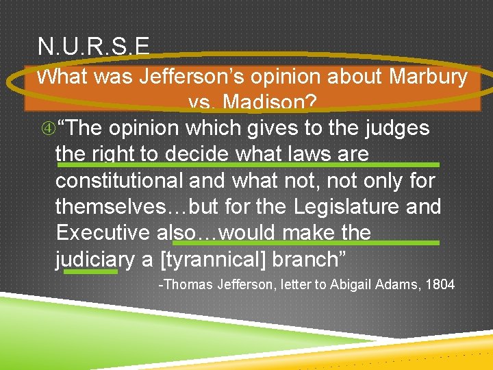 N. U. R. S. E What was Jefferson’s opinion about Marbury vs. Madison? “The