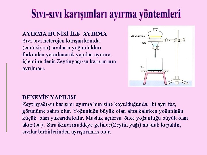 AYIRMA HUNİSİ İLE AYIRMA Sıvı-sıvı heterojen karışımlarında (emülsiyon) sıvıların yoğunlukları farkından yararlanarak yapılan ayırma