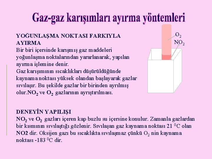YOĞUNLAŞMA NOKTASI FARKIYLA AYIRMA Bir biri içersinde karışmış gaz maddeleri yoğunlaşma noktalarından yararlanarak, yapılan