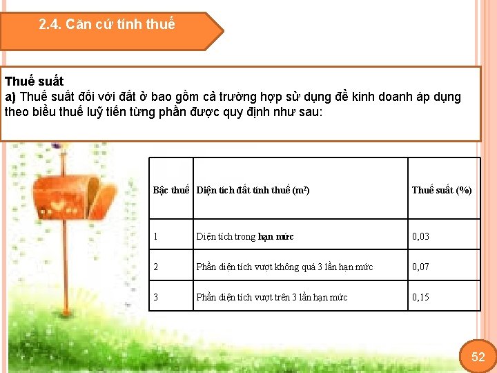 2. 4. Căn cứ tính thuế Thuế suất a) Thuế suất đối với đất