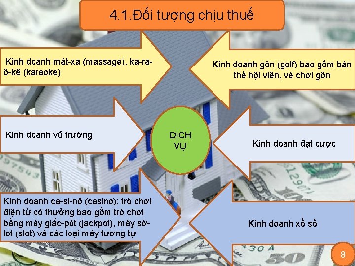 4. 1. Đối tượng chịu thuế Kinh doanh mát-xa (massage), ka-raô-kê (karaoke) Kinh doanh