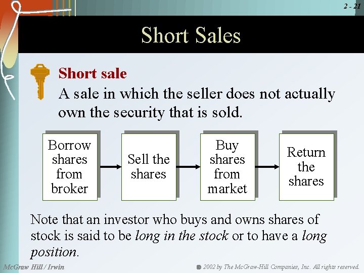 2 - 21 Short Sales Short sale A sale in which the seller does