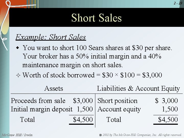 2 - 23 Short Sales Example: Short Sales w You want to short 100