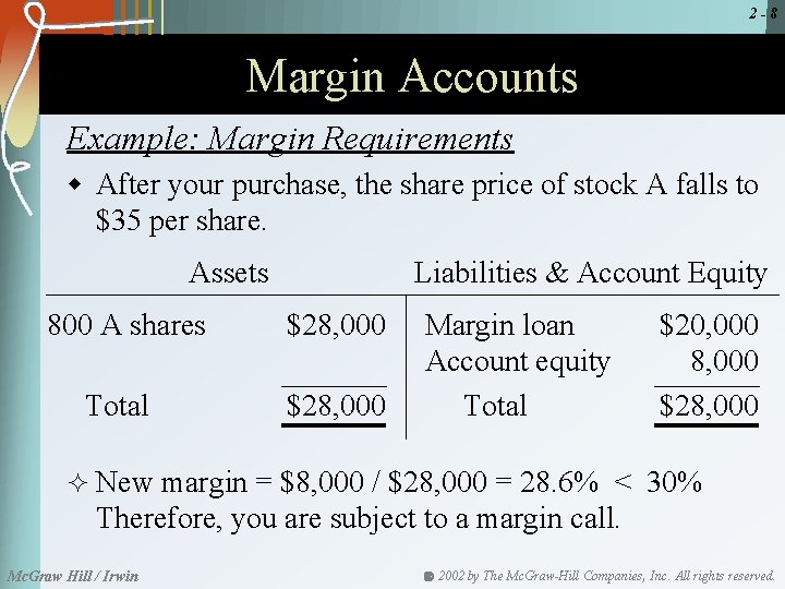 2 -8 Margin Accounts Example: Margin Requirements w After your purchase, the share price