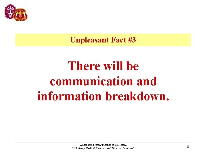 Unpleasant Fact #3 There will be communication and information breakdown. Walter Reed Army Institute