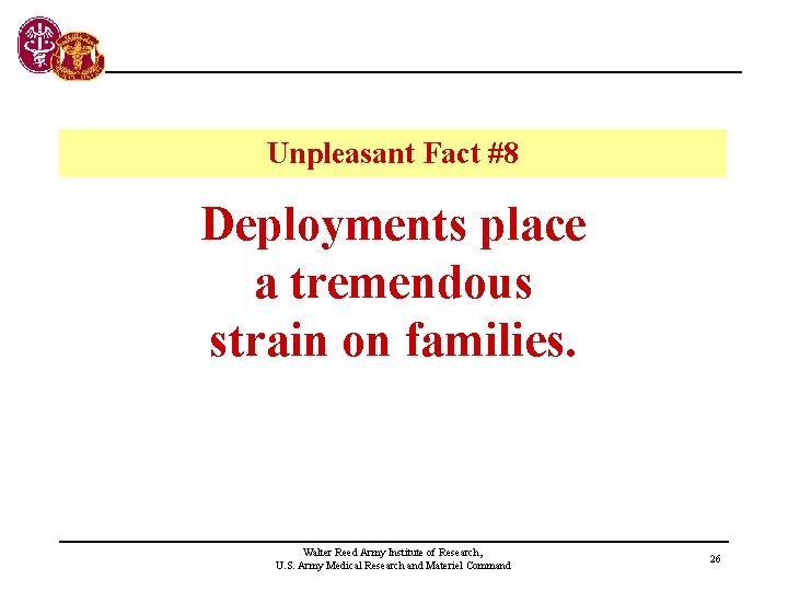Unpleasant Fact #8 Deployments place a tremendous strain on families. Walter Reed Army Institute