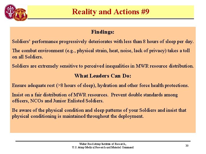 Reality and Actions #9 Findings: Soldiers’ performance progressively deteriorates with less than 8 hours
