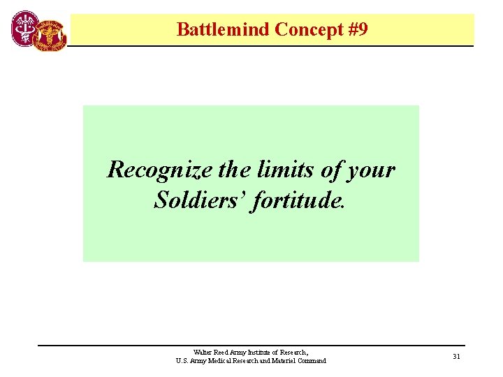 Battlemind Concept #9 Recognize the limits of your Soldiers’ fortitude. Walter Reed Army Institute