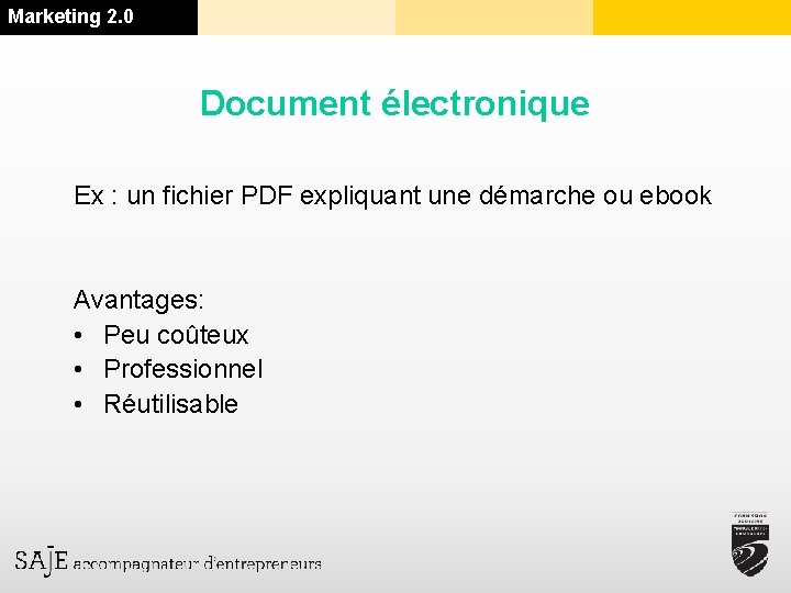 Marketing 2. 0 Document électronique Ex : un fichier PDF expliquant une démarche ou