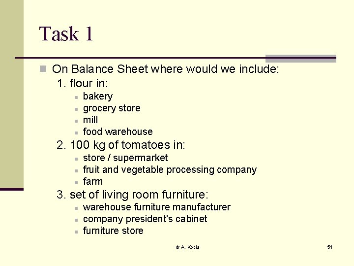 Task 1 n On Balance Sheet where would we include: 1. flour in: n