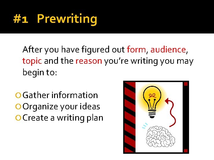 #1 Prewriting After you have figured out form, audience, topic and the reason you’re