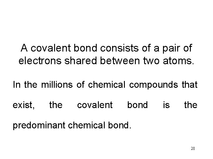 A covalent bond consists of a pair of electrons shared between two atoms. In