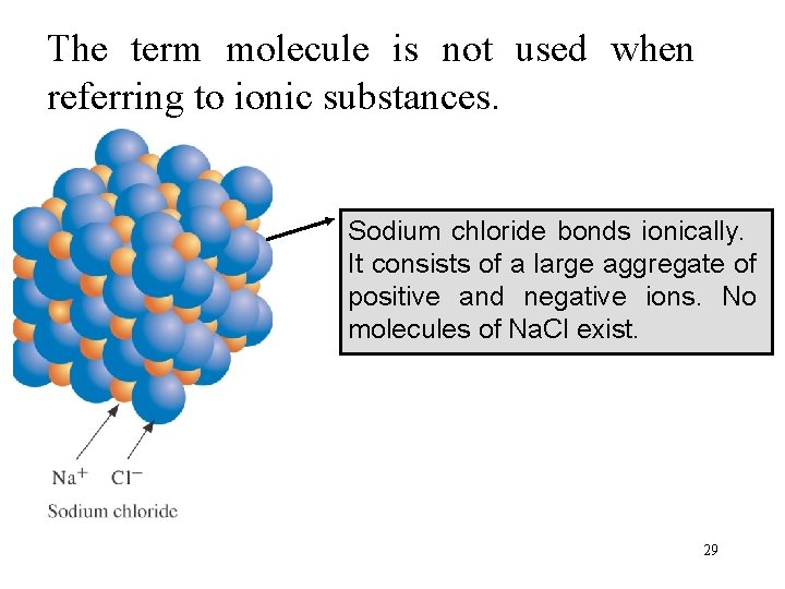 The term molecule is not used when referring to ionic substances. Sodium chloride bonds